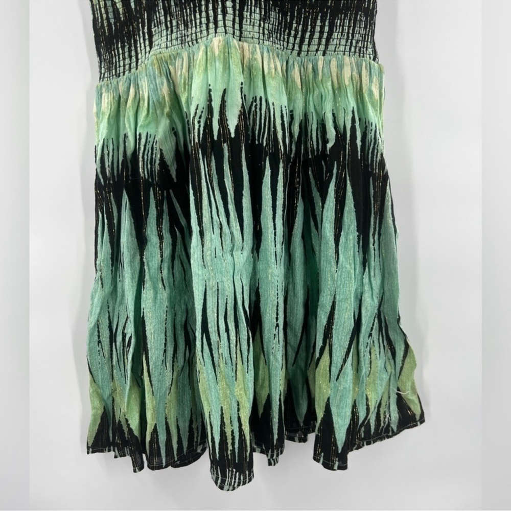 Free People Indian Summer Green Black Ikat Lurex Mini Dress Size S Smocked - Picture 4 of 10